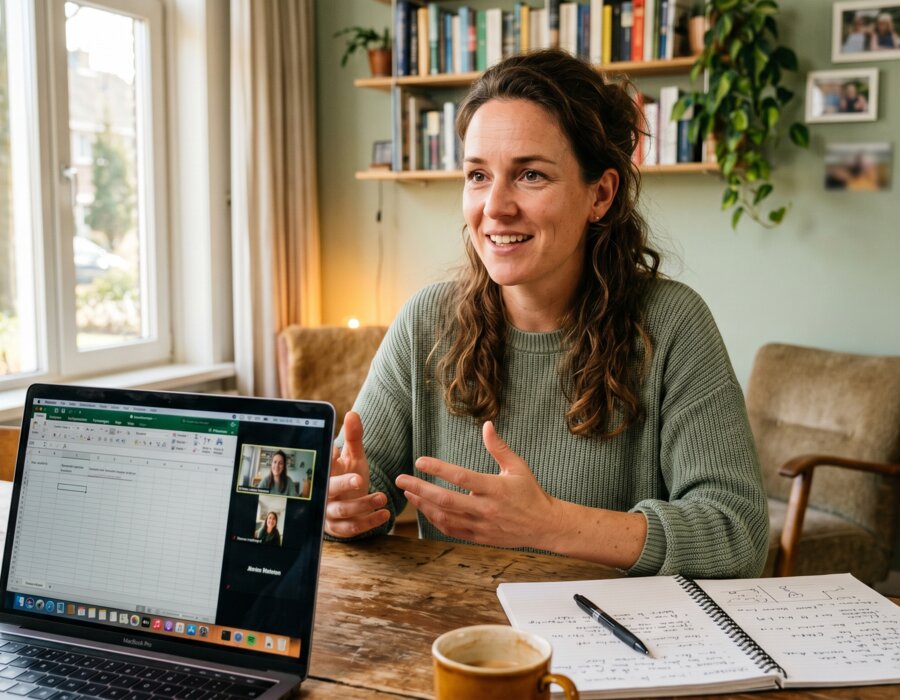 Person at a home desk smiling while working on a laptop
