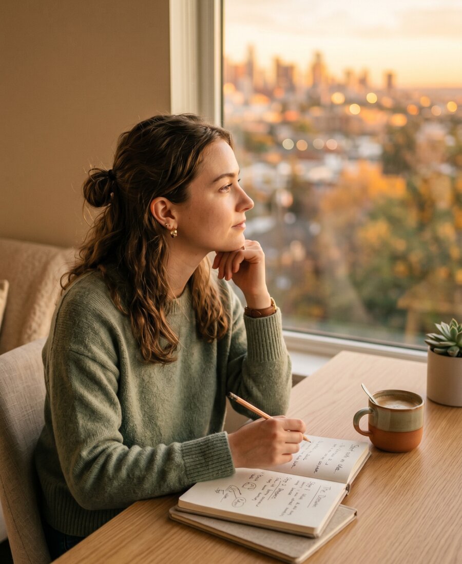 Person sitting at a desk dreaming of their next goal