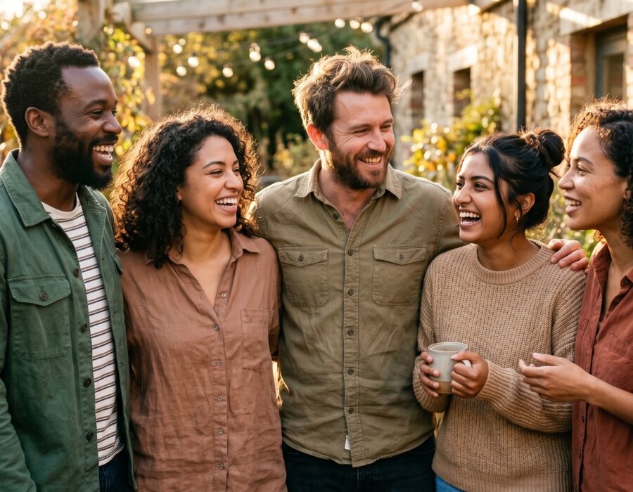 Group of real people laughing and talking naturally